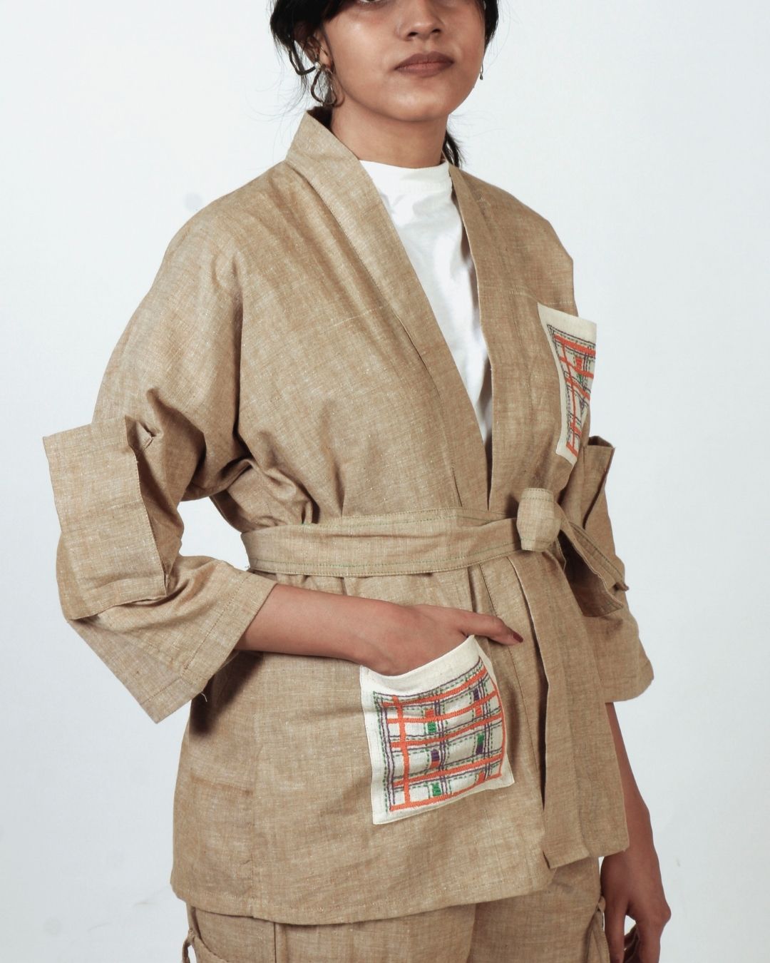 Hand embroidered brown cotton kimono
