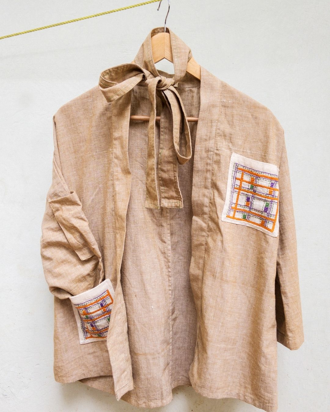 Hand embroidered brown cotton kimono