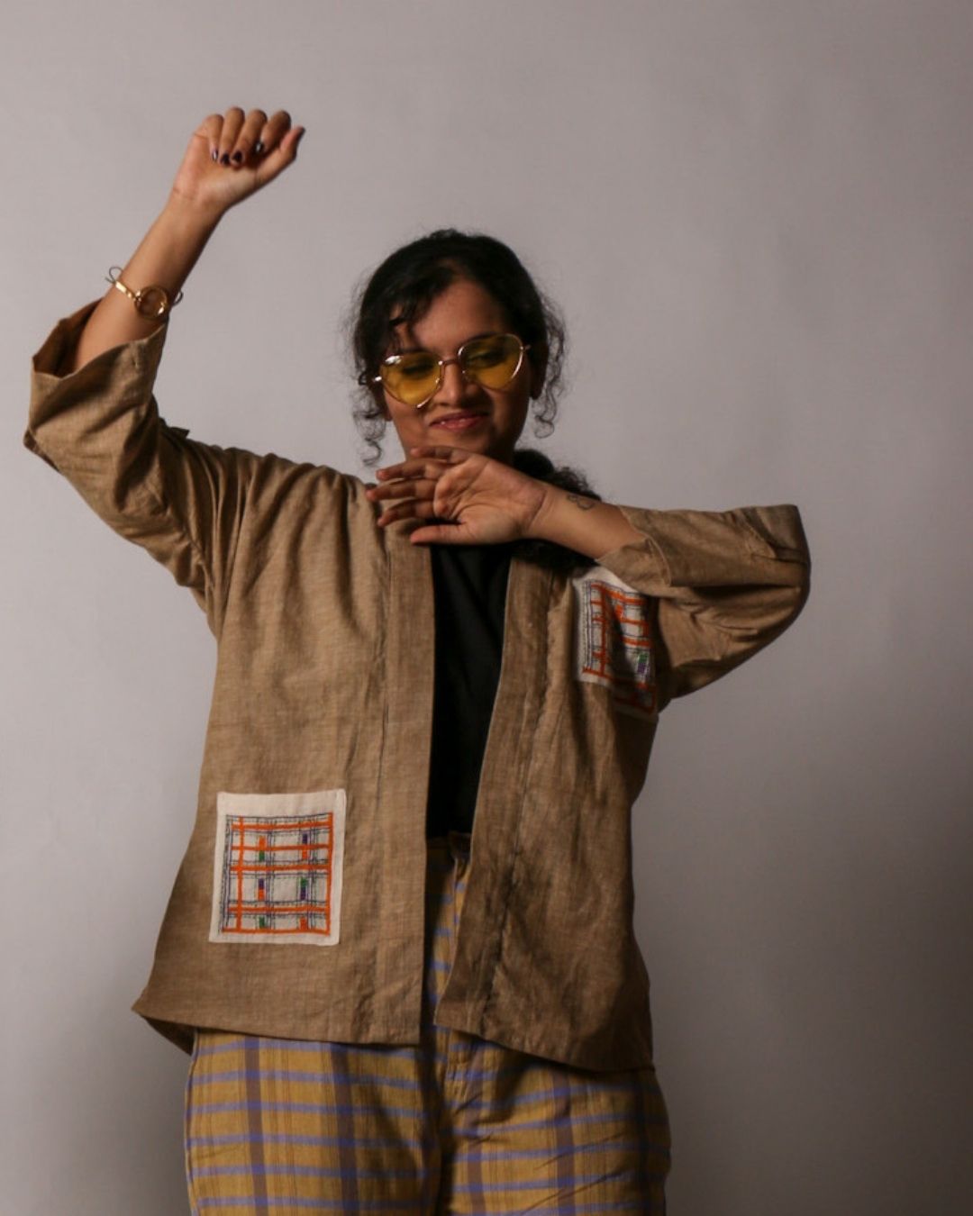Hand embroidered brown cotton kimono