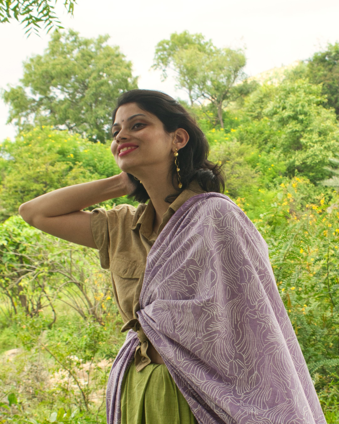 Green and purple half N half block printed sari