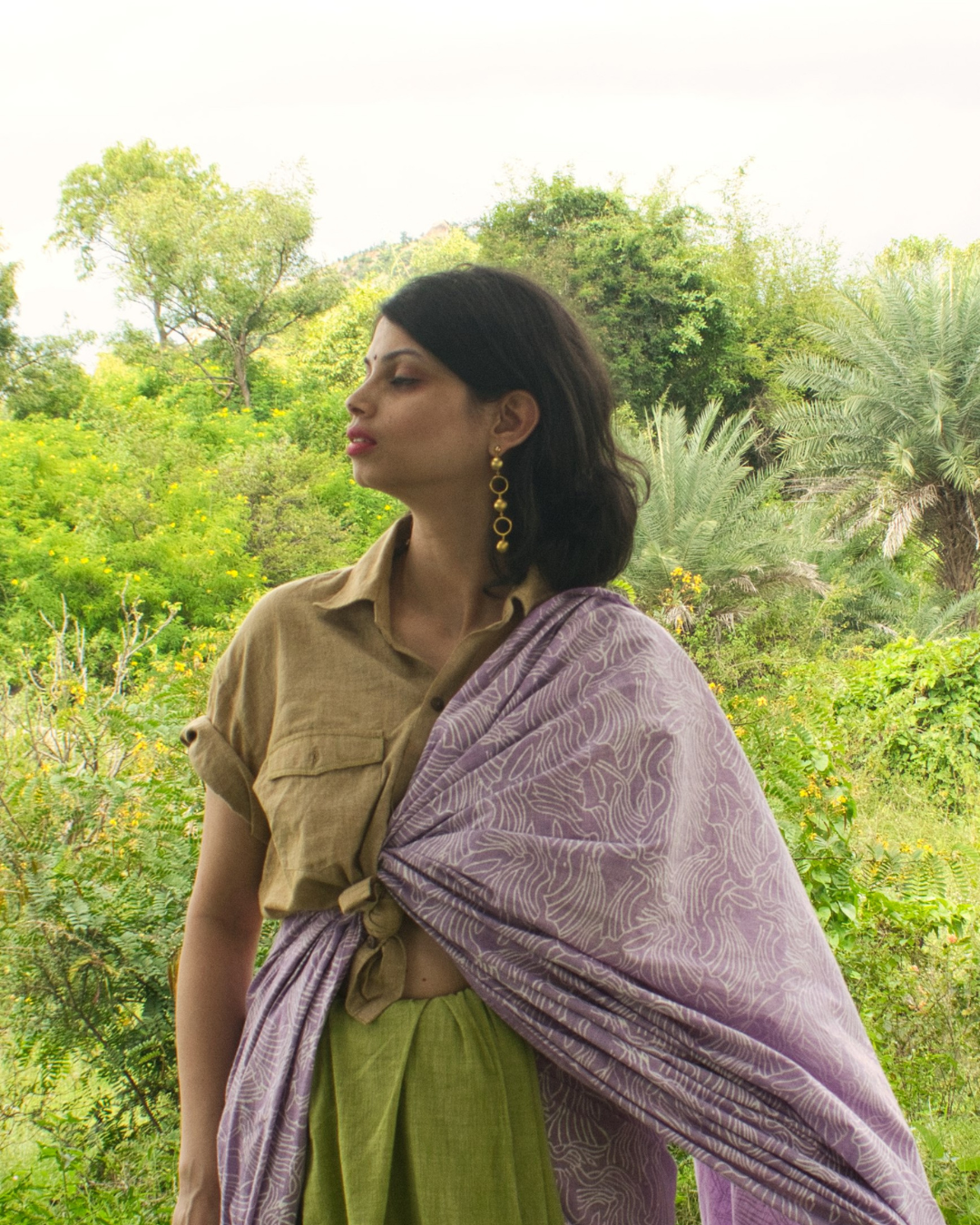 Green and purple half N half block printed sari