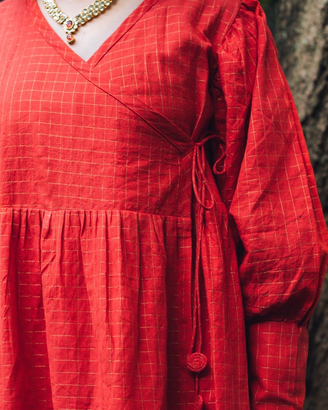 Red cotton zari checks Anarkali
