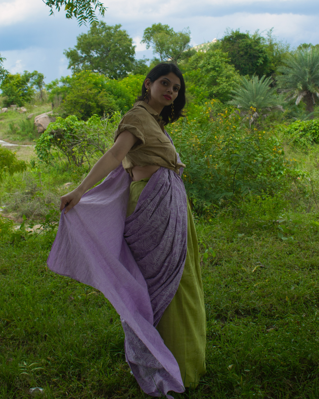 Green and purple half N half block printed sari