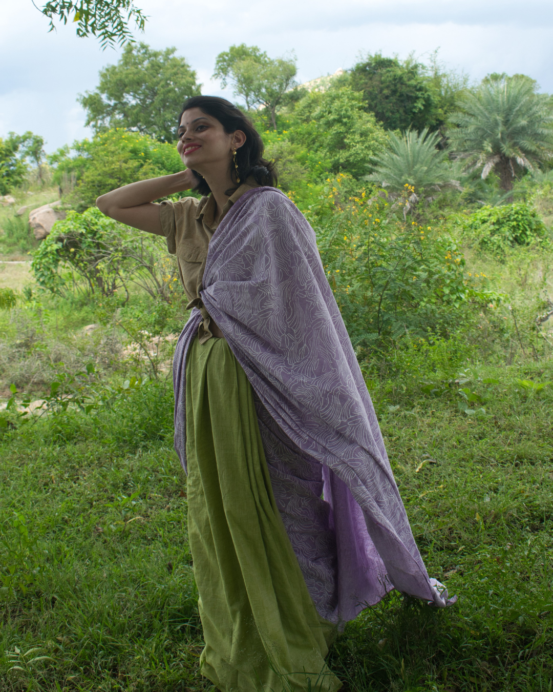 Green and purple half N half block printed sari