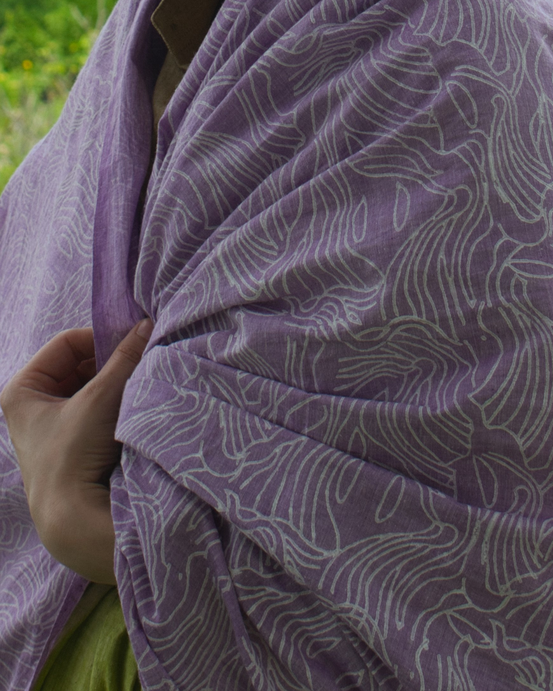 Green and purple half N half block printed sari
