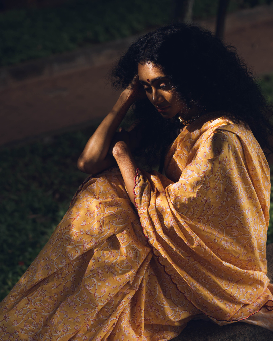 Yellow hand-block printed cotton sari