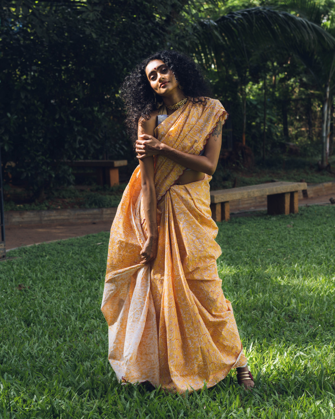 Yellow hand-block printed cotton sari
