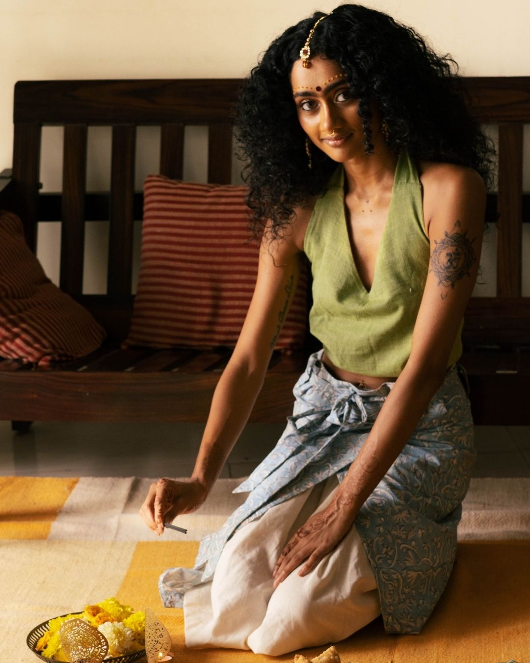 Teal hand block-printed cotton skirt set