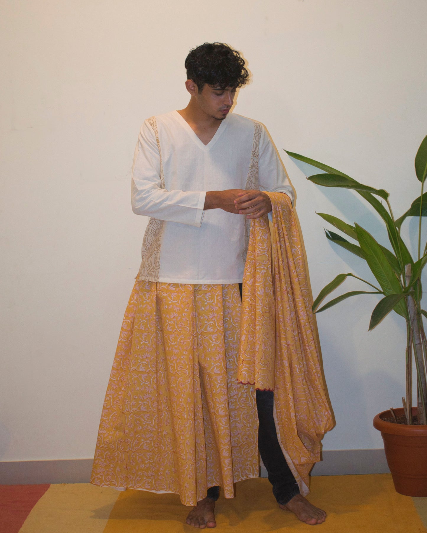 Yellow hand-block printed cotton sari