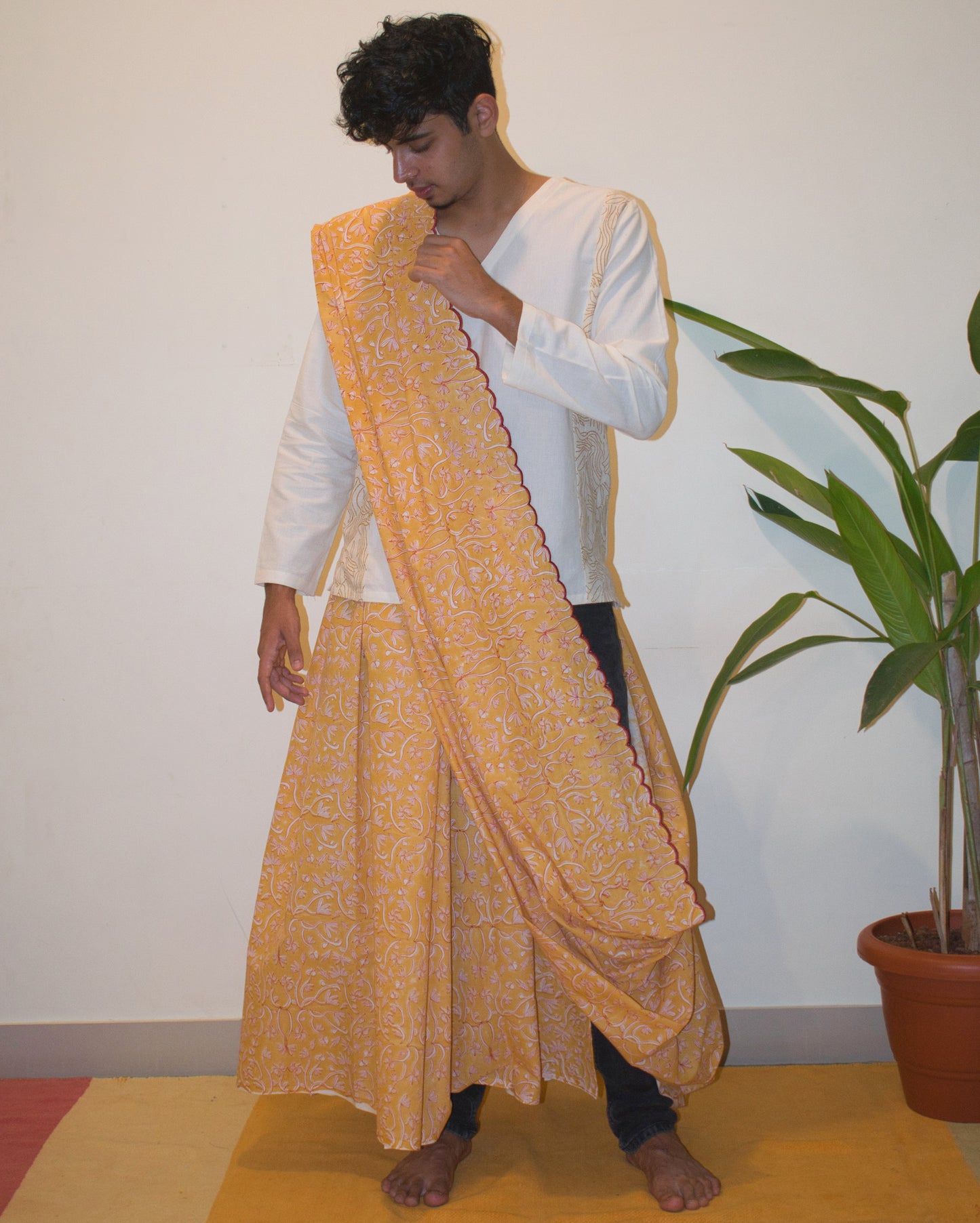 Yellow hand-block printed cotton sari