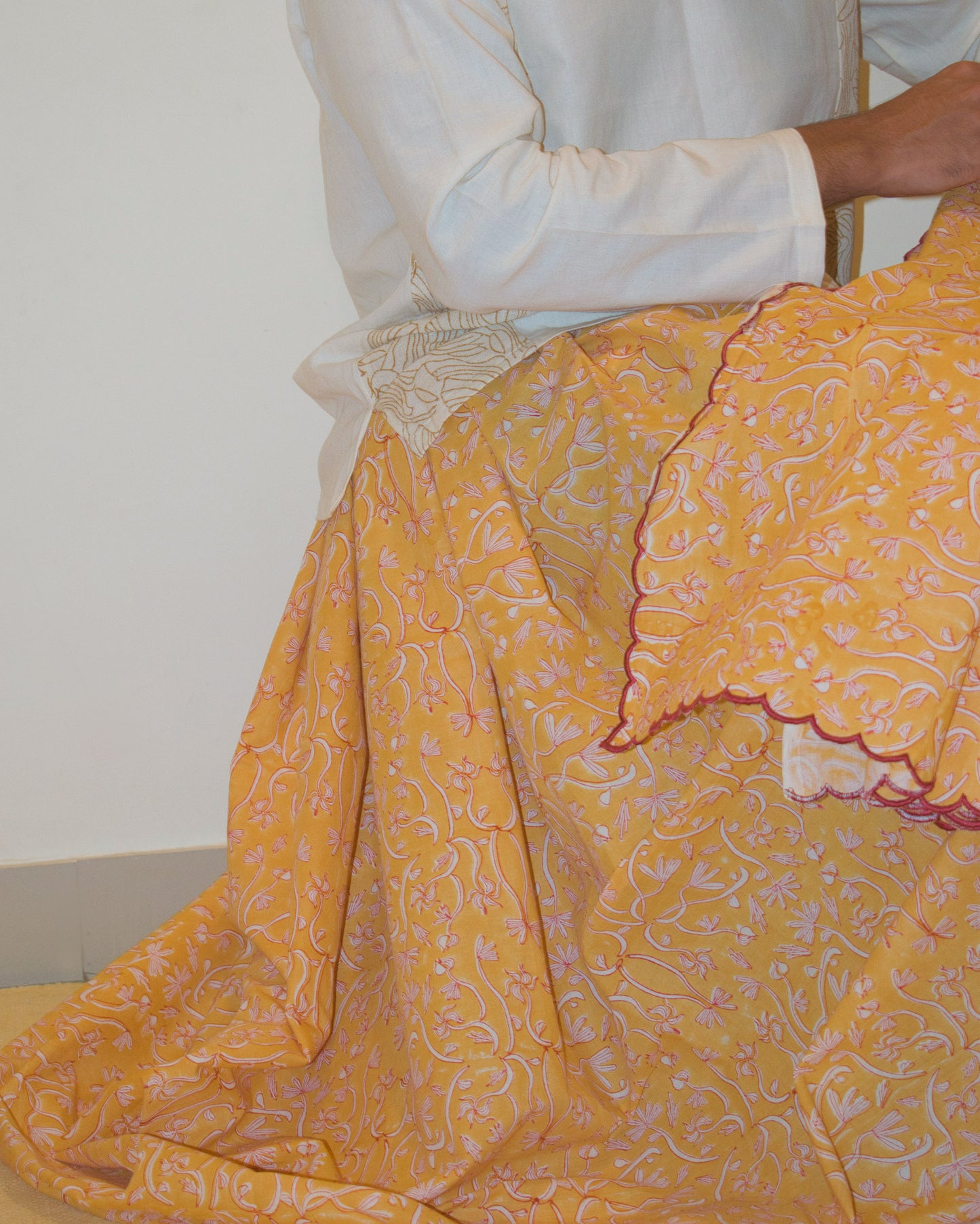 Yellow hand-block printed cotton sari