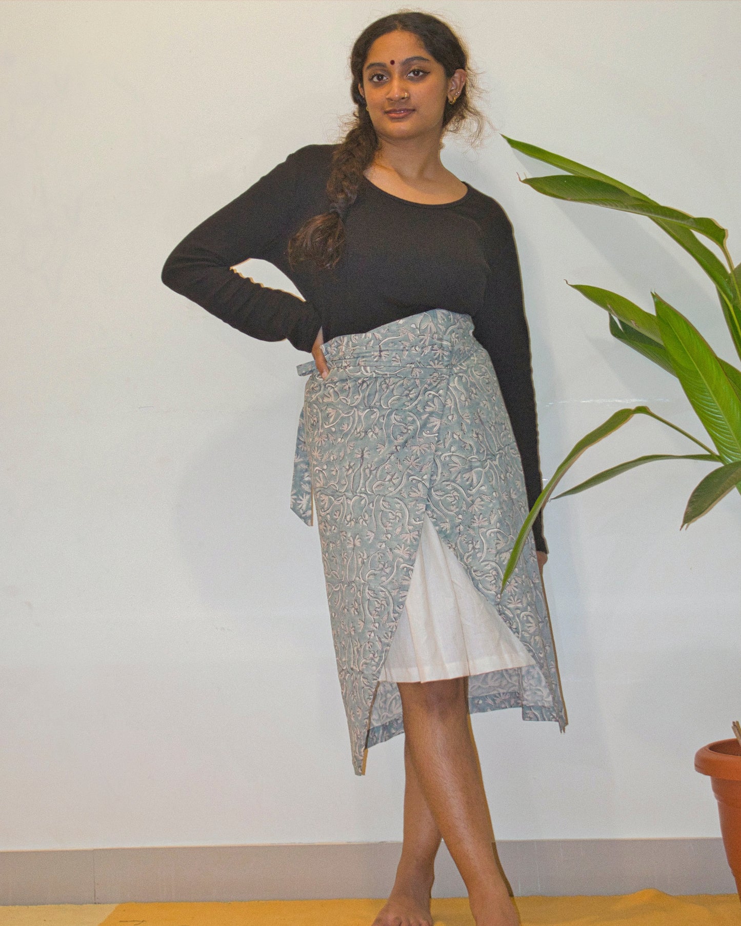 Teal hand block-printed cotton skirt set