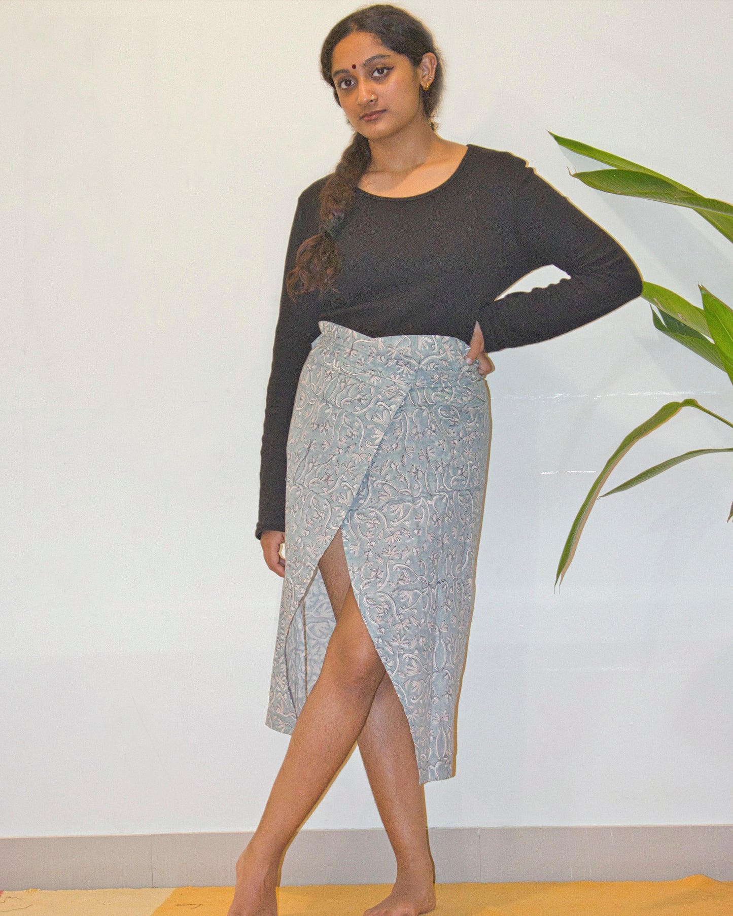 Teal hand block-printed cotton skirt set