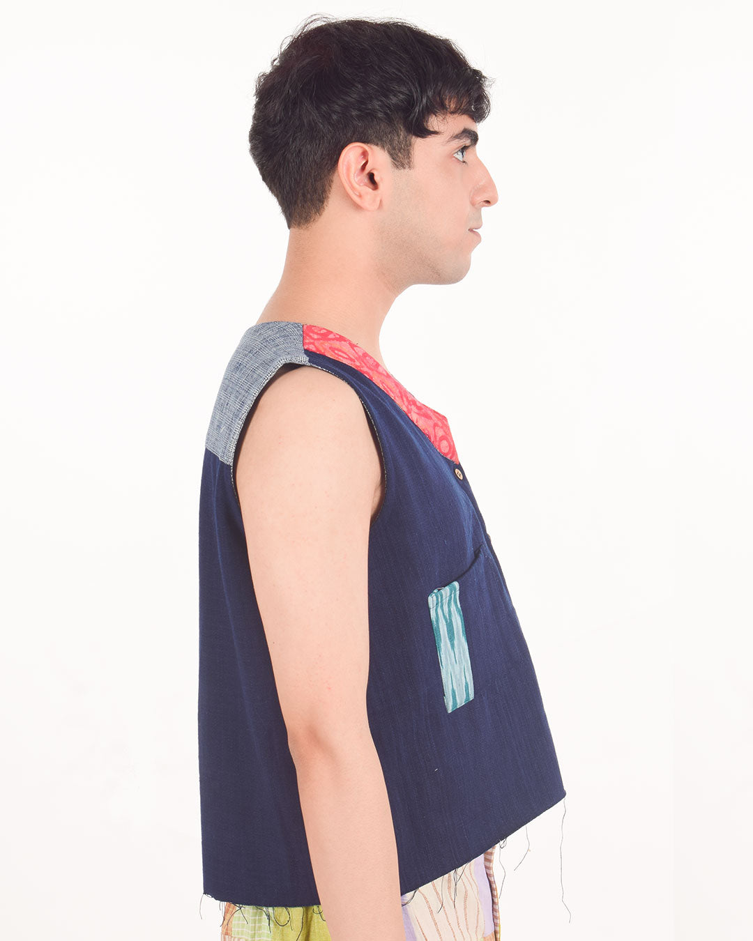 Upcycled denim sleeveless jacket