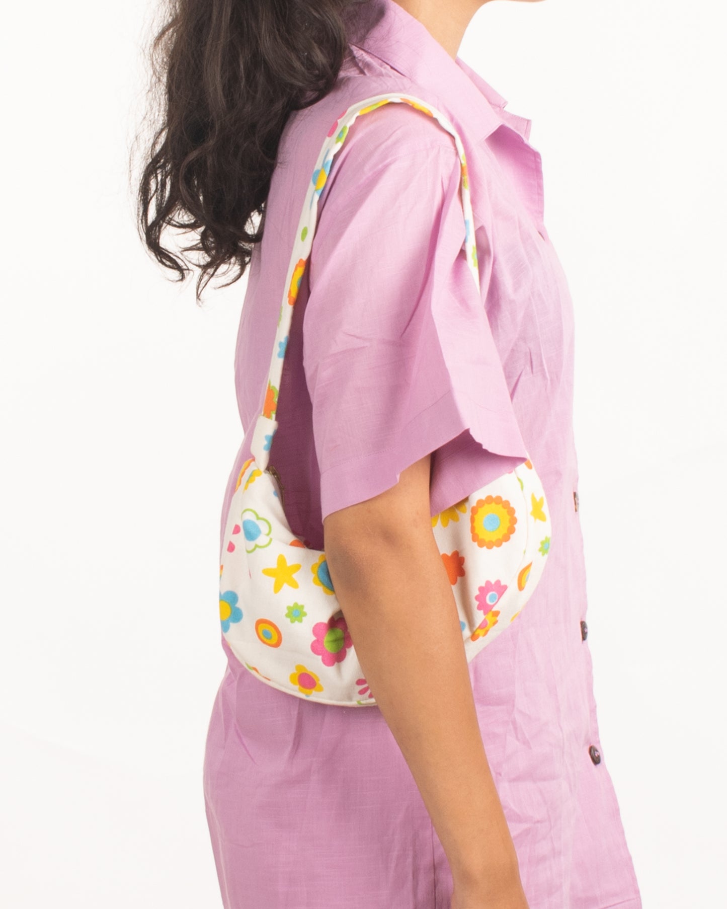 Upcycled flower power baguette bag