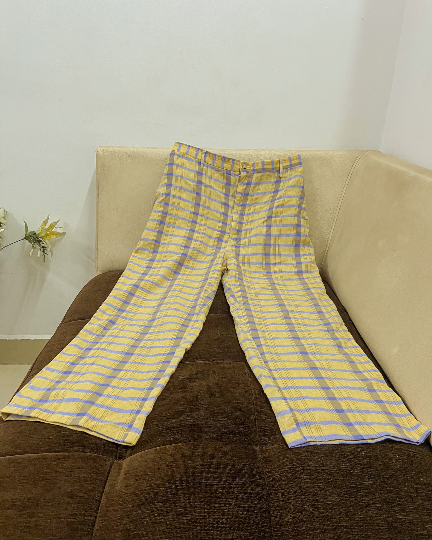 Yellow and purple cotton checks trouser set