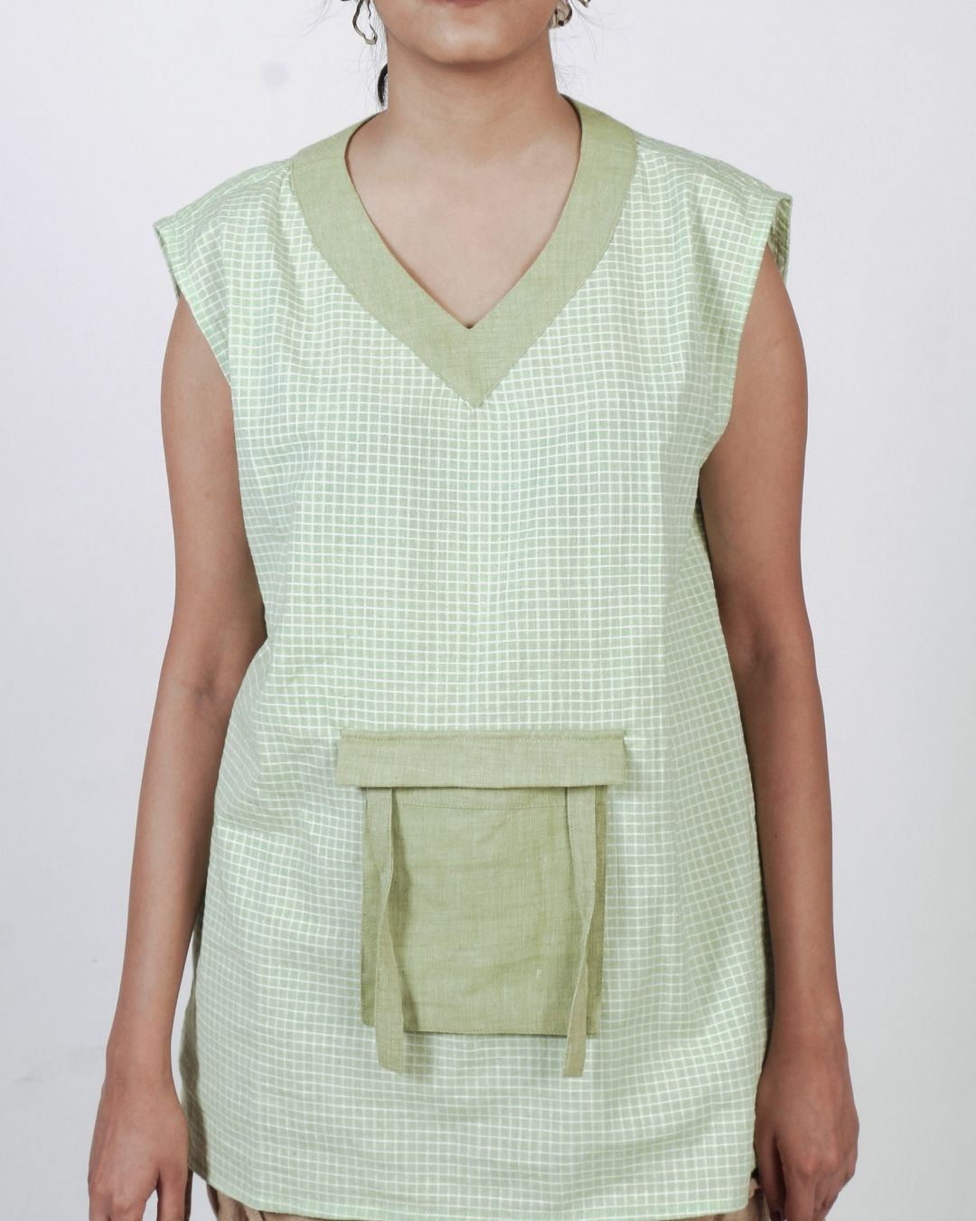 Green checks relaxed-fit tunic/jersey