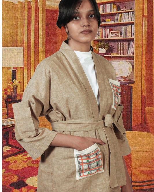 Hand embroidered brown cotton kimono