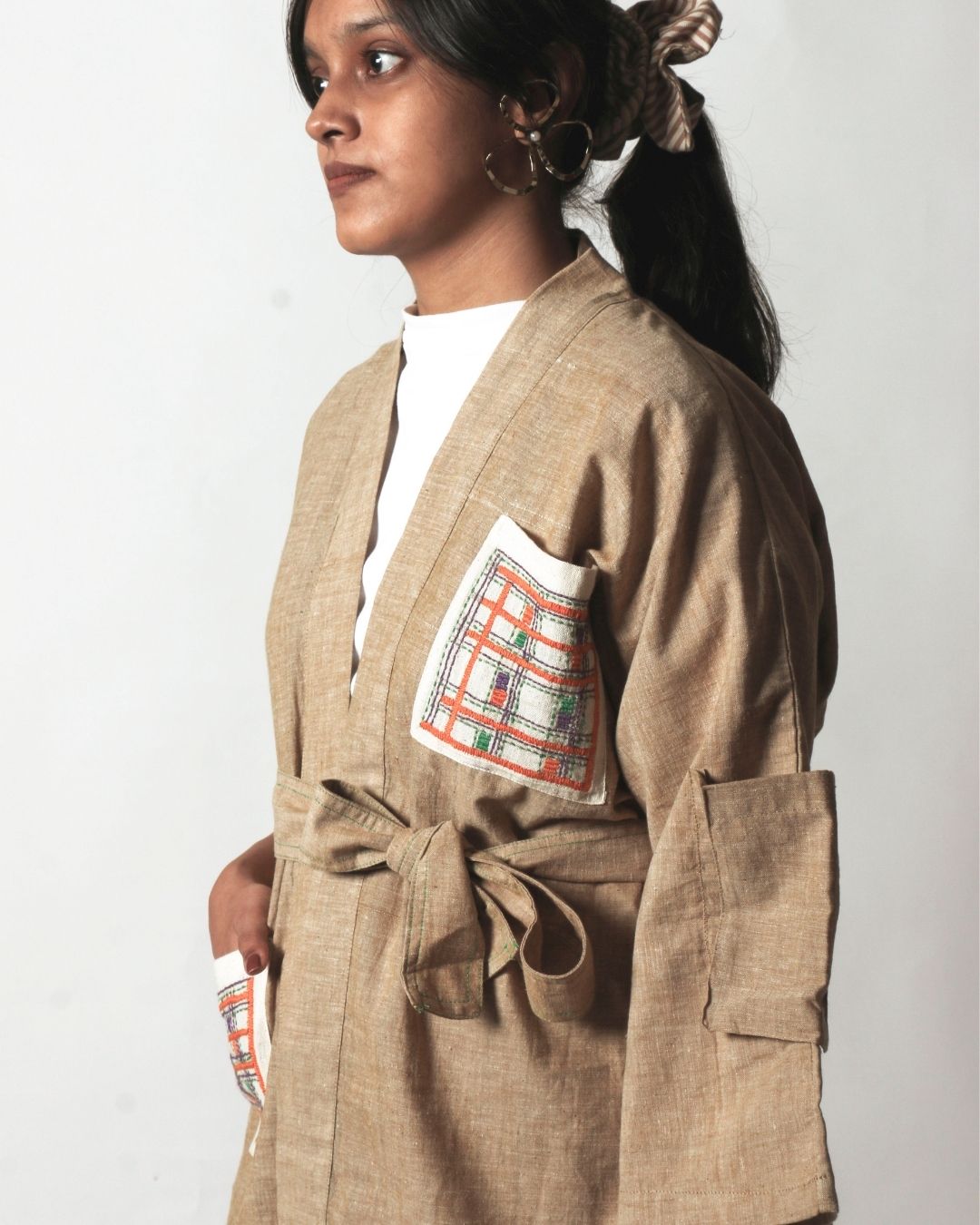 Hand embroidered brown khadi cotton kimono