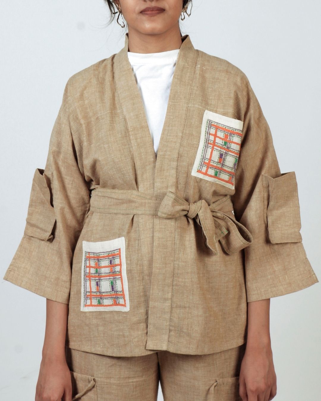 Hand embroidered brown khadi cotton kimono