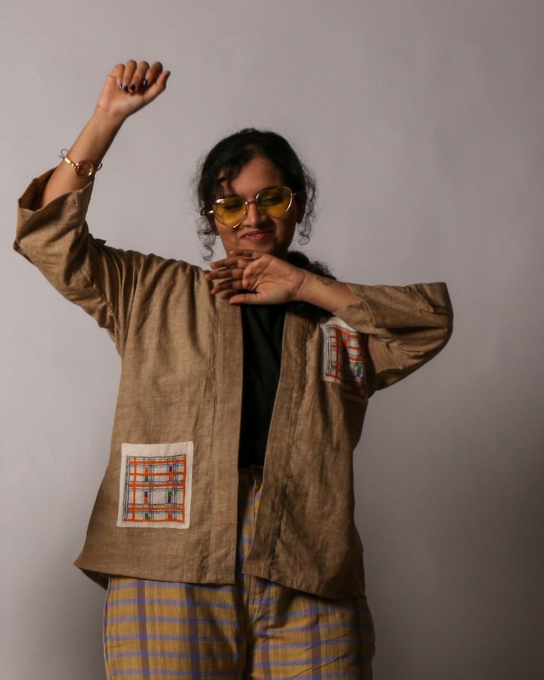 Hand embroidered brown khadi cotton kimono