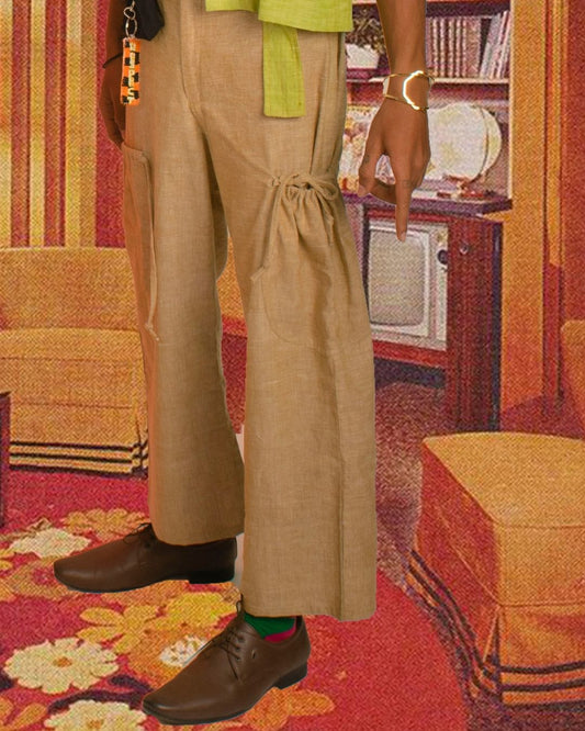 Brown khadi cotton gathered pocket trouser
