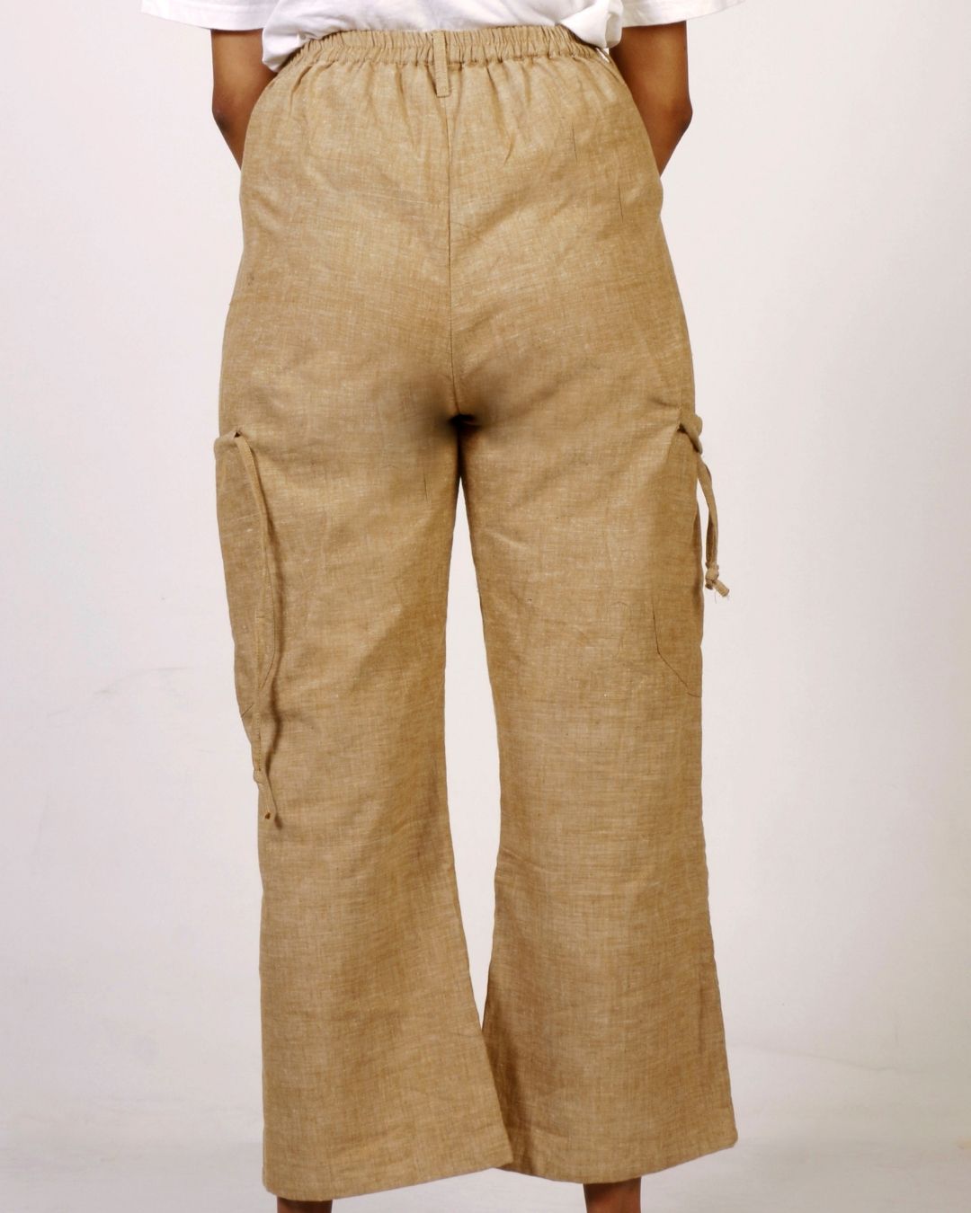 Brown khadi cotton gathered pocket trouser