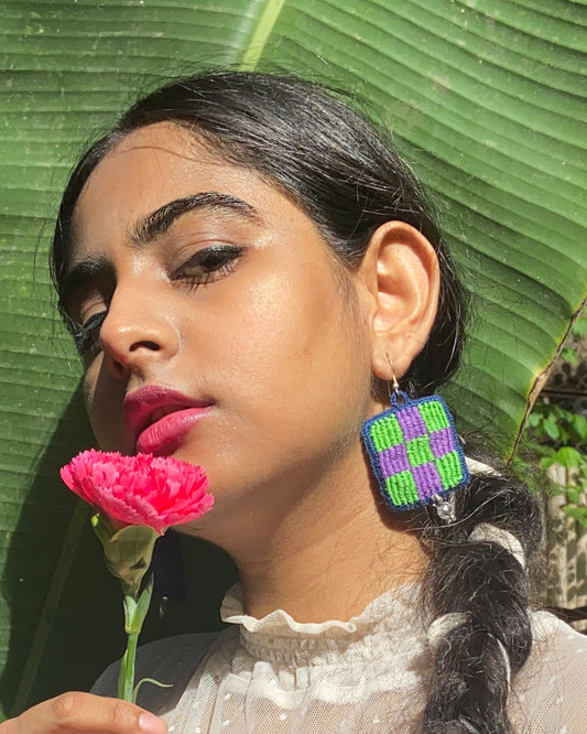 Hand embroidered green and purple checks earrings