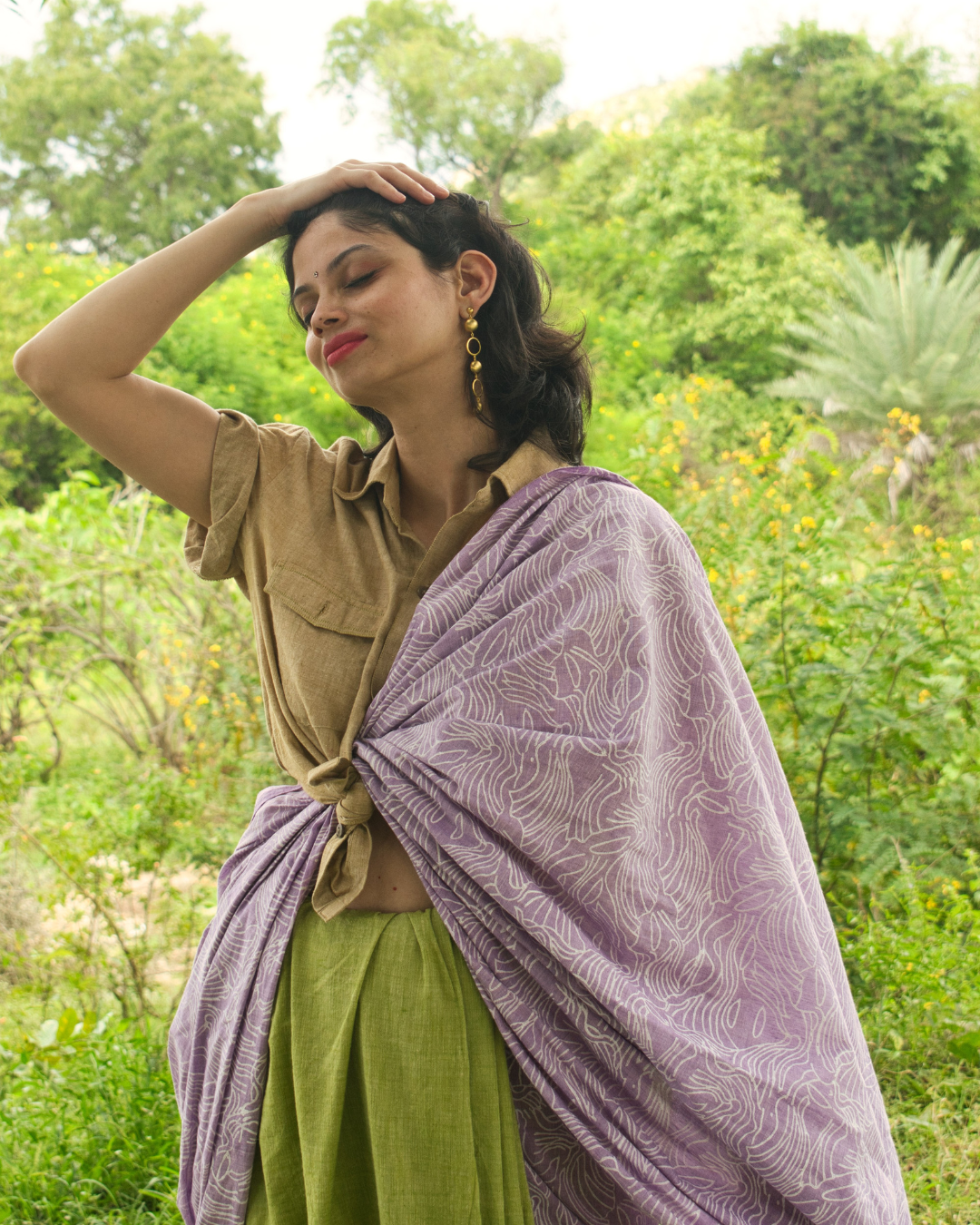 Green and purple half N half block printed khadi sari
