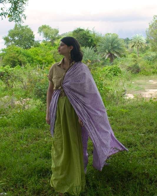 Green and purple half N half block printed khadi sari