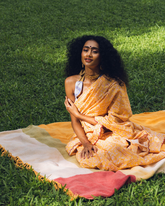 Yellow hand-block printed cotton sari