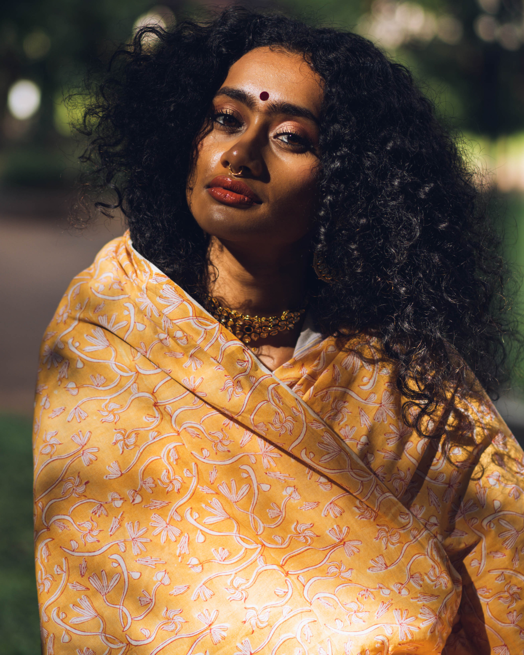 Yellow hand-block printed cotton sari