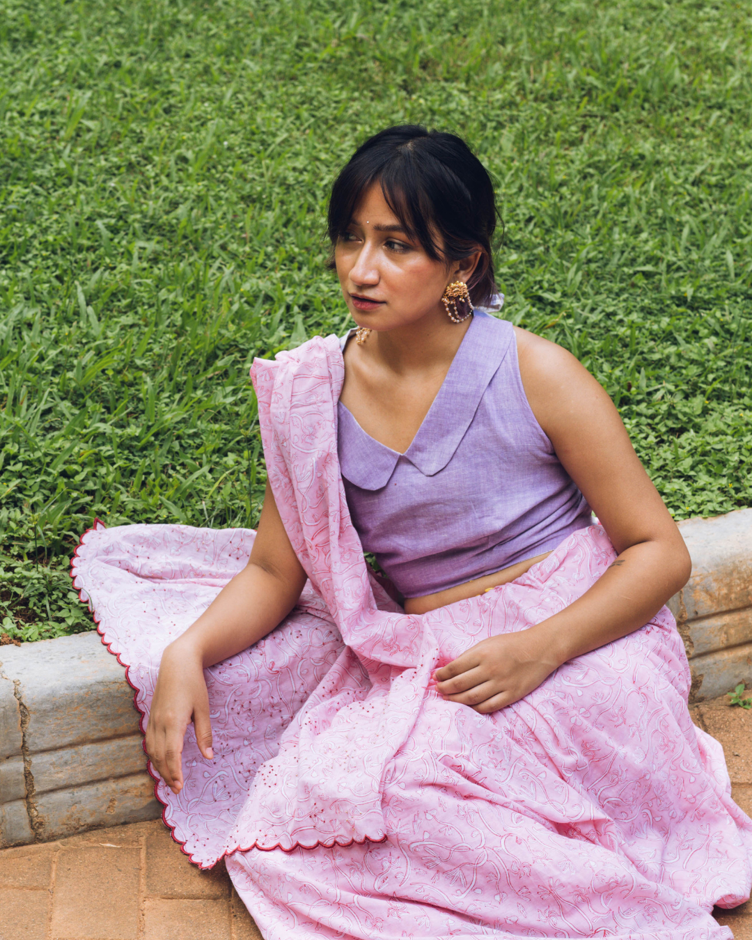 Pink hand-block printed cotton saree