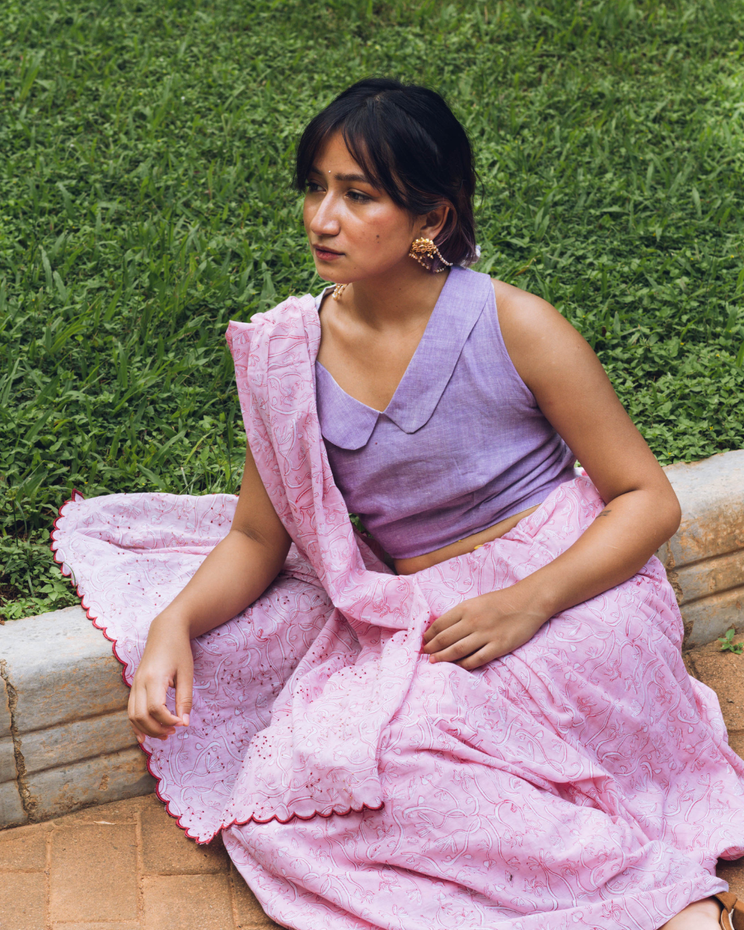 Pink hand-block printed cotton saree
