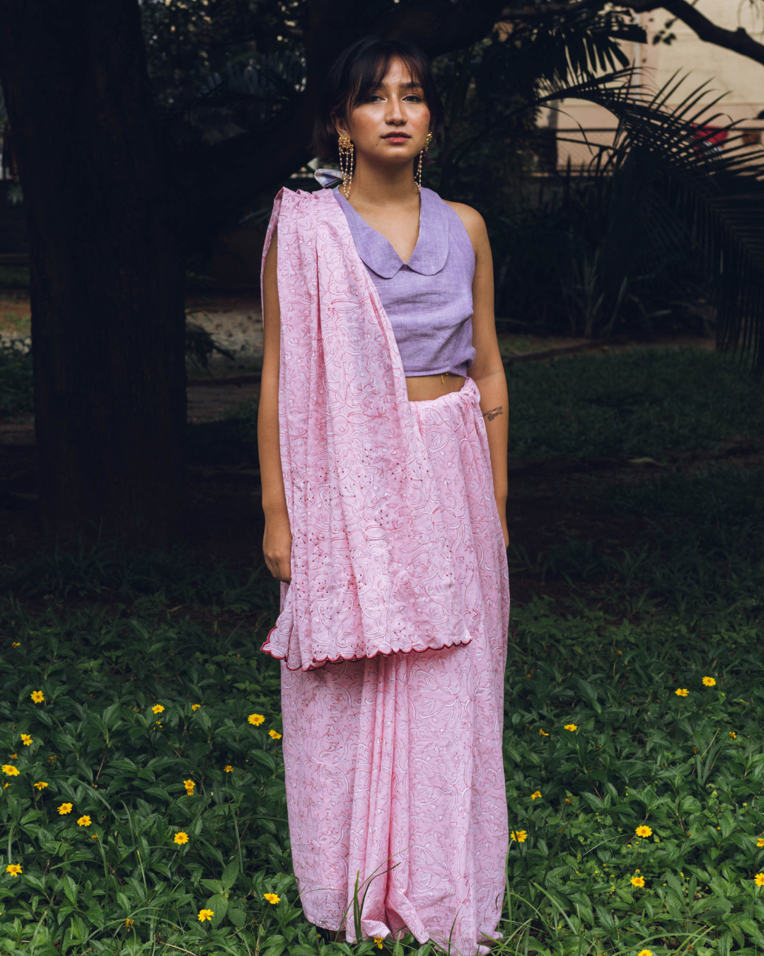 Pink hand-block printed cotton saree