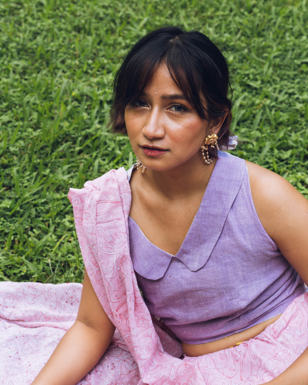 Pink hand-block printed cotton saree