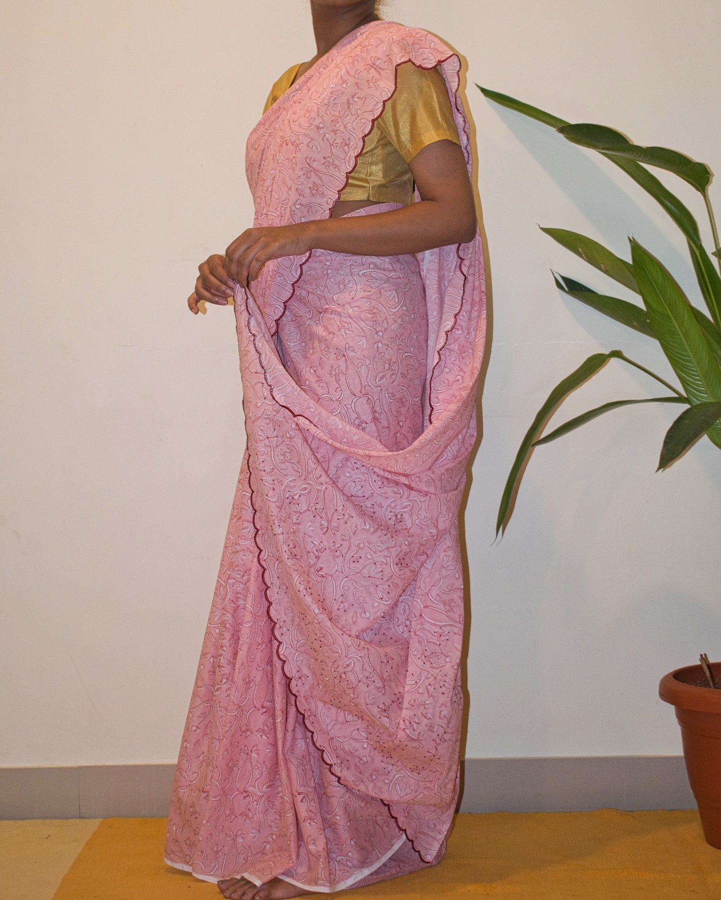 Pink hand-block printed cotton saree