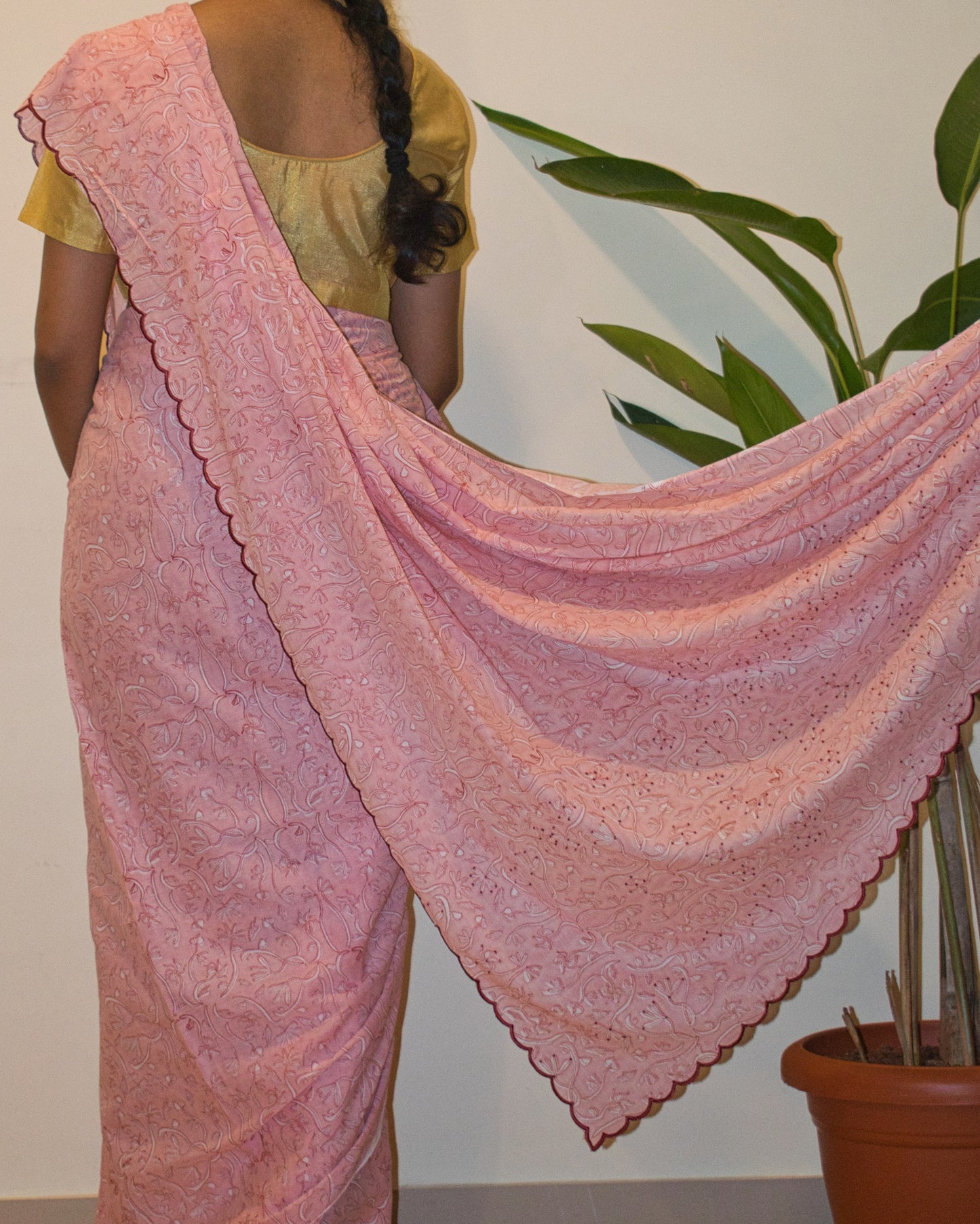 Pink hand-block printed cotton saree