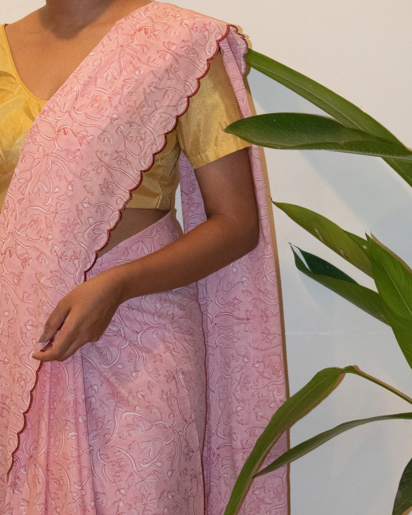 Pink hand-block printed cotton saree