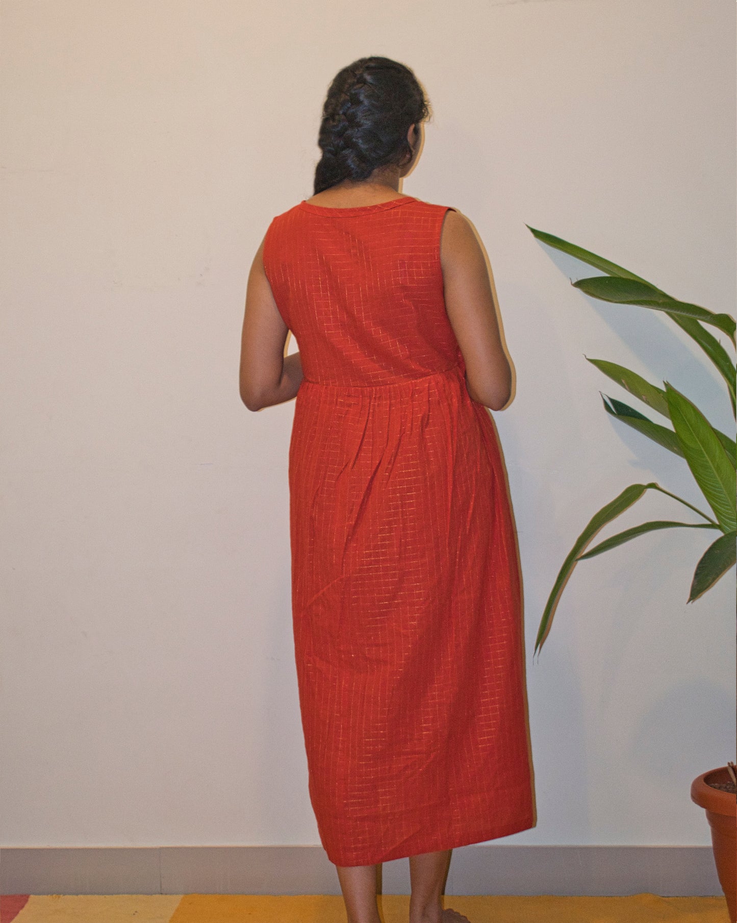 Red cotton zari checks wrap dress