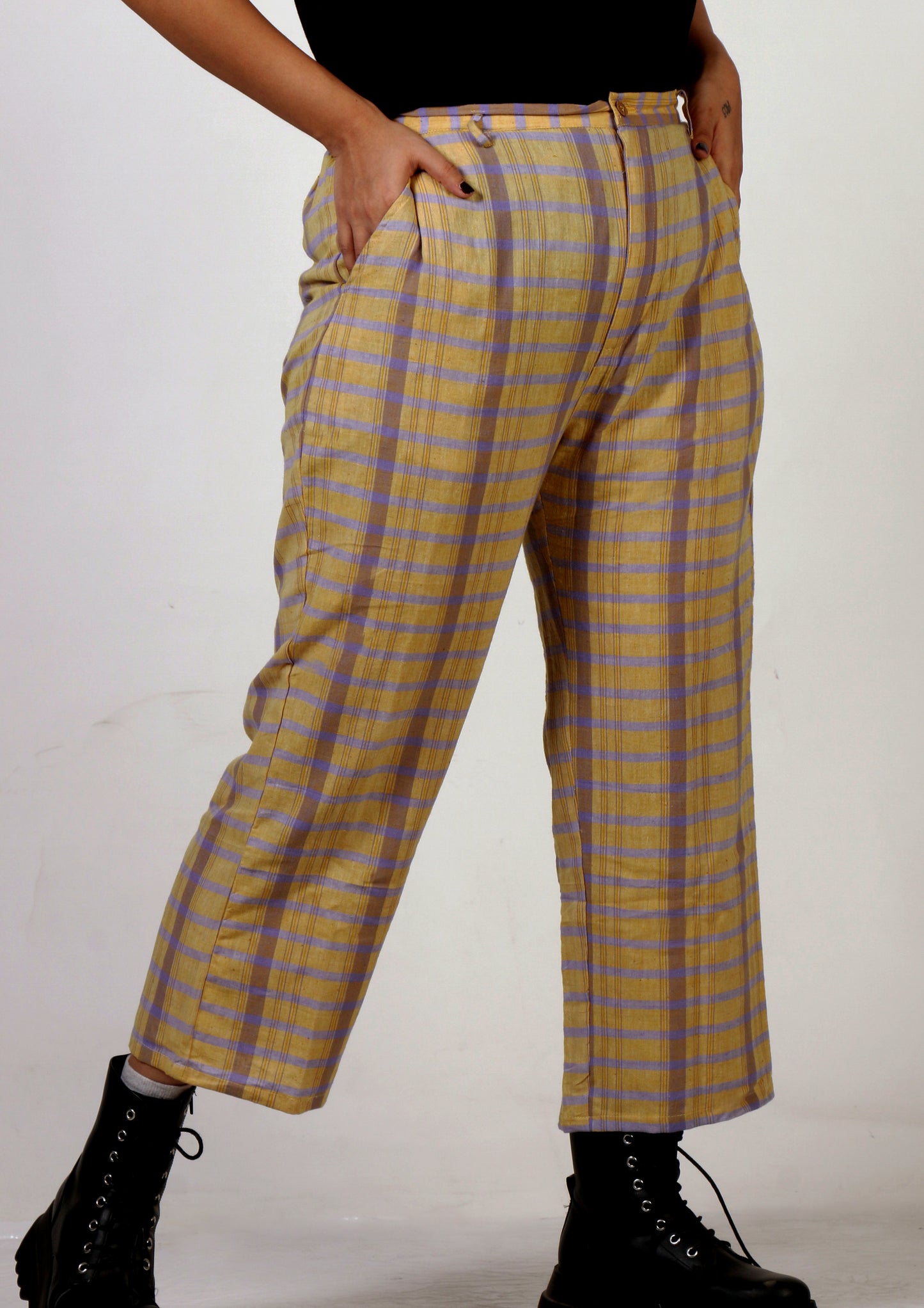 Yellow and purple cotton checks trouser set