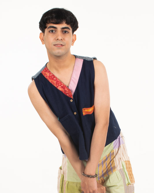 Upcycled denim sleeveless jacket